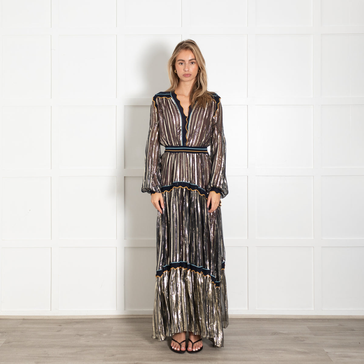 Peter Pilotto Black Gold Silver Metallic Striped Maxi Dress - Image 1