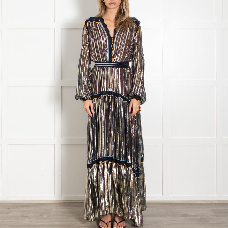 Peter Pilotto Black Gold Silver Metallic Striped Maxi Dress - Image 2
