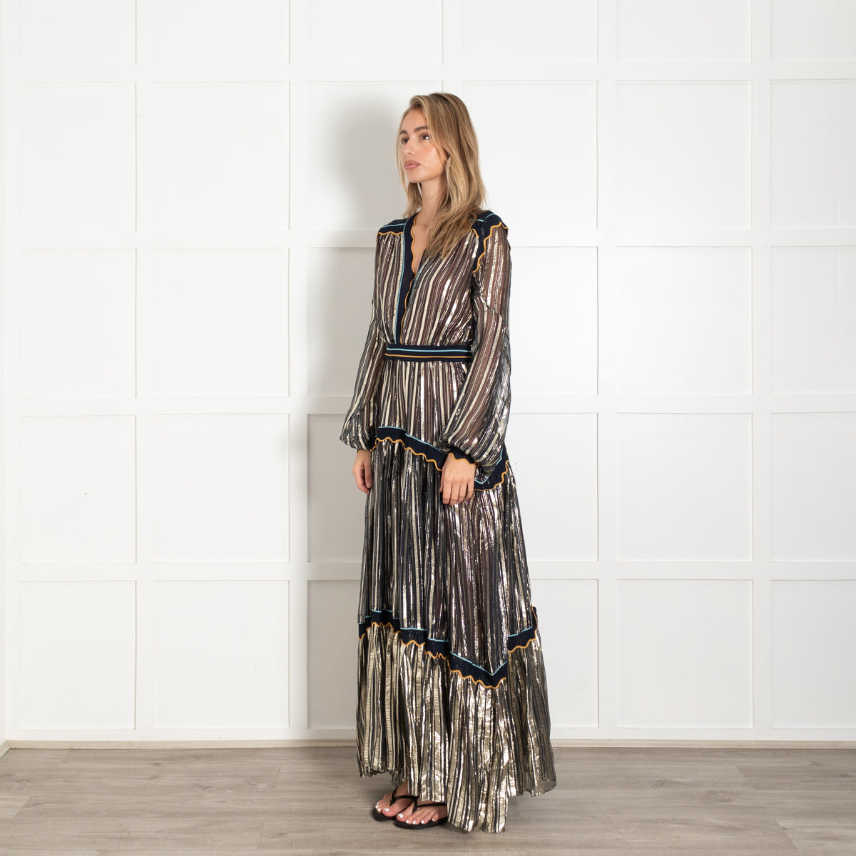 Peter Pilotto Black Gold Silver Metallic Striped Maxi Dress - Image 3