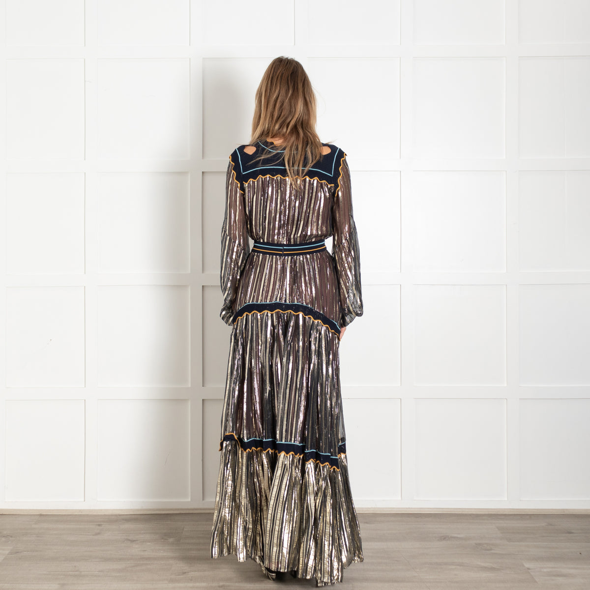 Peter Pilotto Black Gold Silver Metallic Striped Maxi Dress - Image 5