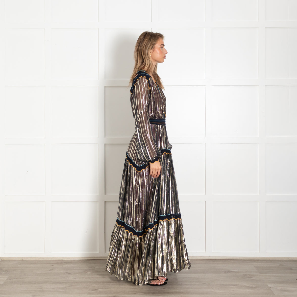 Peter Pilotto Black Gold Silver Metallic Striped Maxi Dress - Image 6