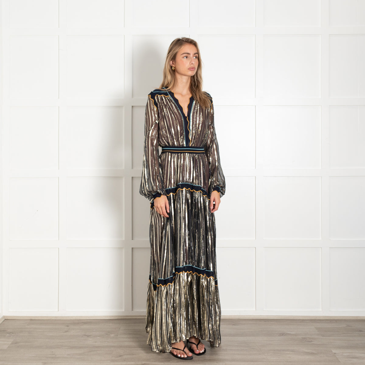 Peter Pilotto Black Gold Silver Metallic Striped Maxi Dress - Image 7
