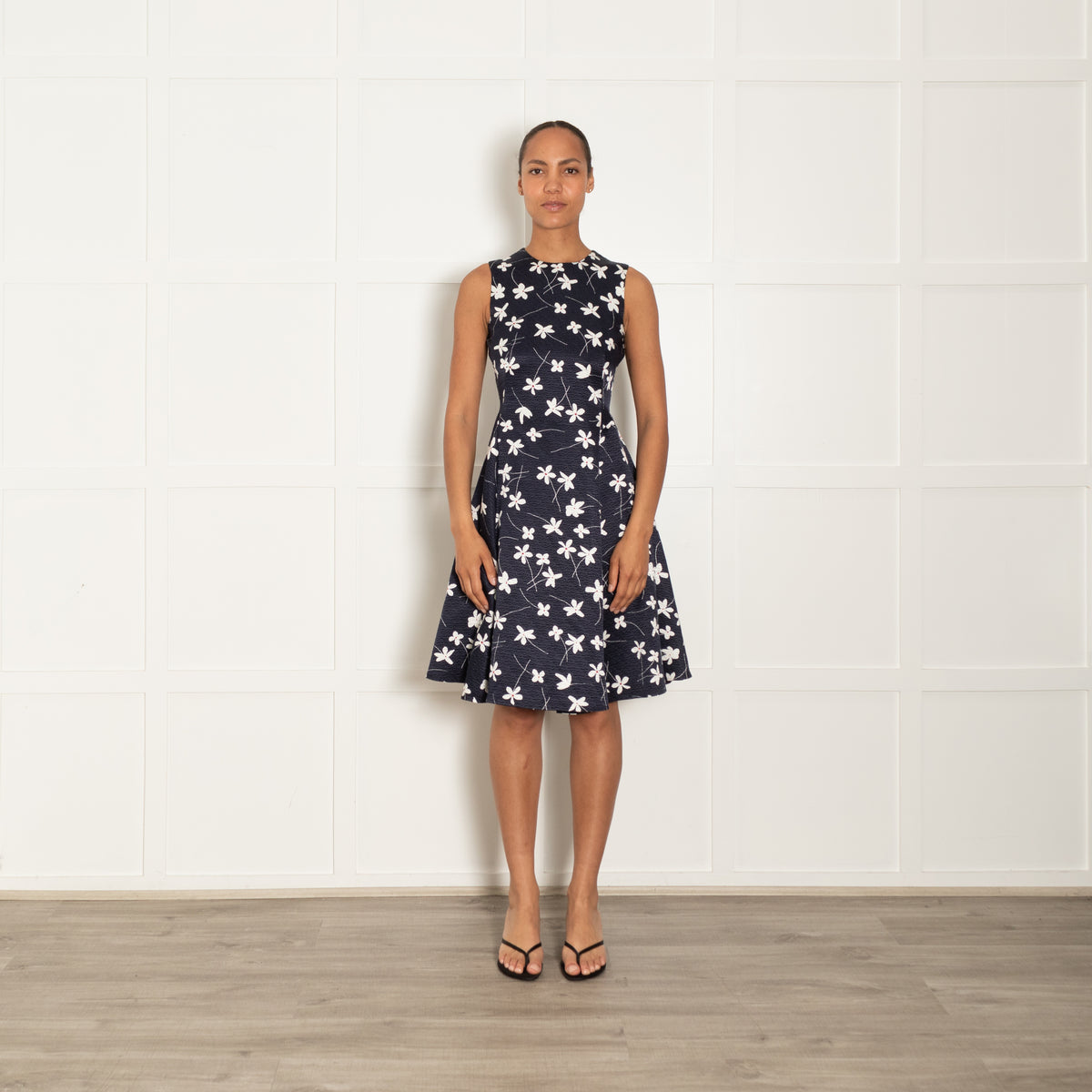 CH Carolina Herrera Navy White Red Flower Jacquard Floral Print Textured Fit & Flare Dress
