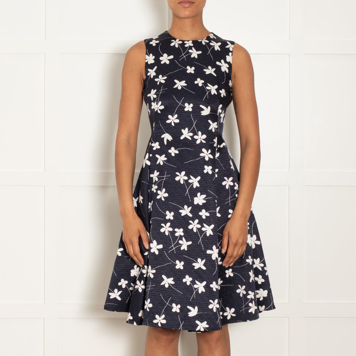 CH Carolina Herrera Navy White Red Flower Jacquard Floral Print Textured Fit & Flare Dress
