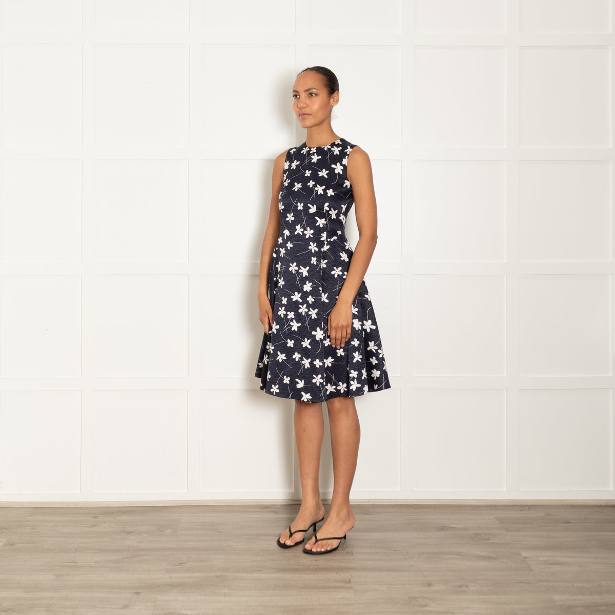 CH Carolina Herrera Navy White Red Flower Jacquard Floral Print Textured Fit & Flare Dress