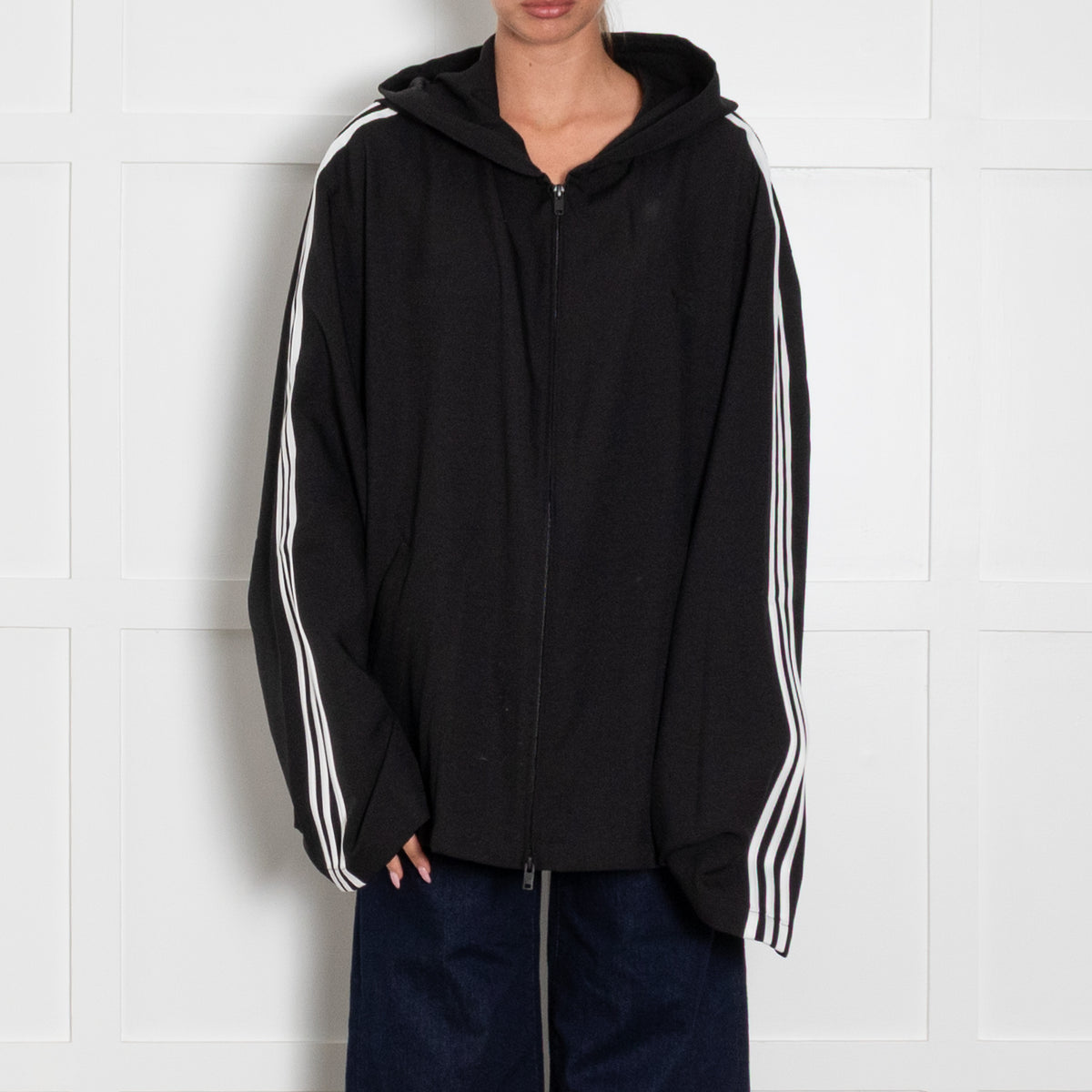 Y-3 Black Hooded Jacket With White Arm Stripes