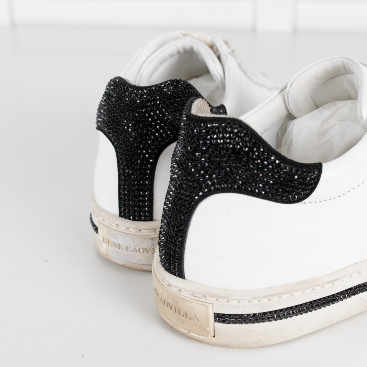 Rene Caovilla White Black Diamante Leather Trainers