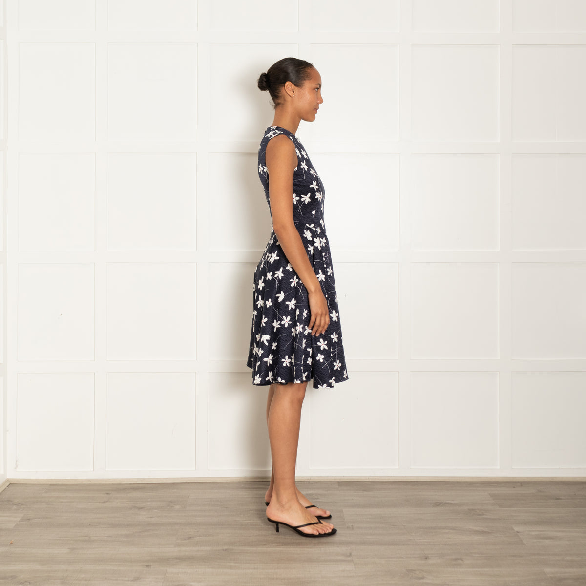 CH Carolina Herrera Navy White Red Flower Jacquard Floral Print Textured Fit & Flare Dress
