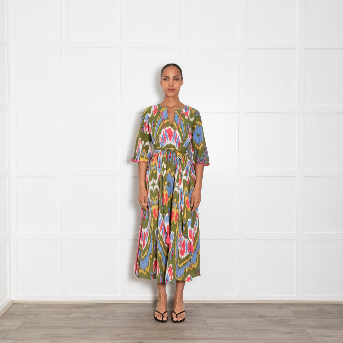 Lexy London Green Pink Ikat Pattern Cotton Kaftan With Belt