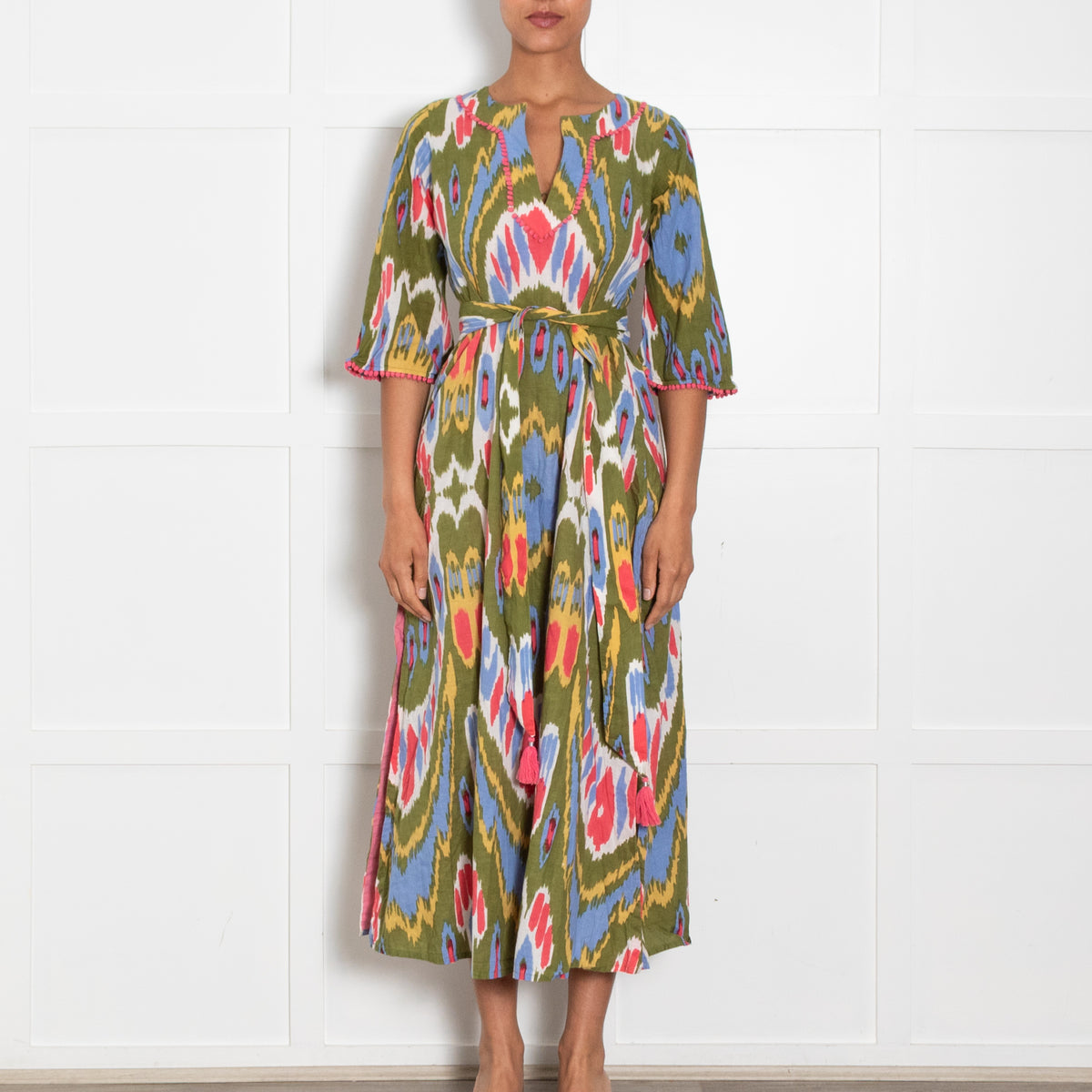 Lexy London Green Pink Ikat Pattern Cotton Kaftan With Belt
