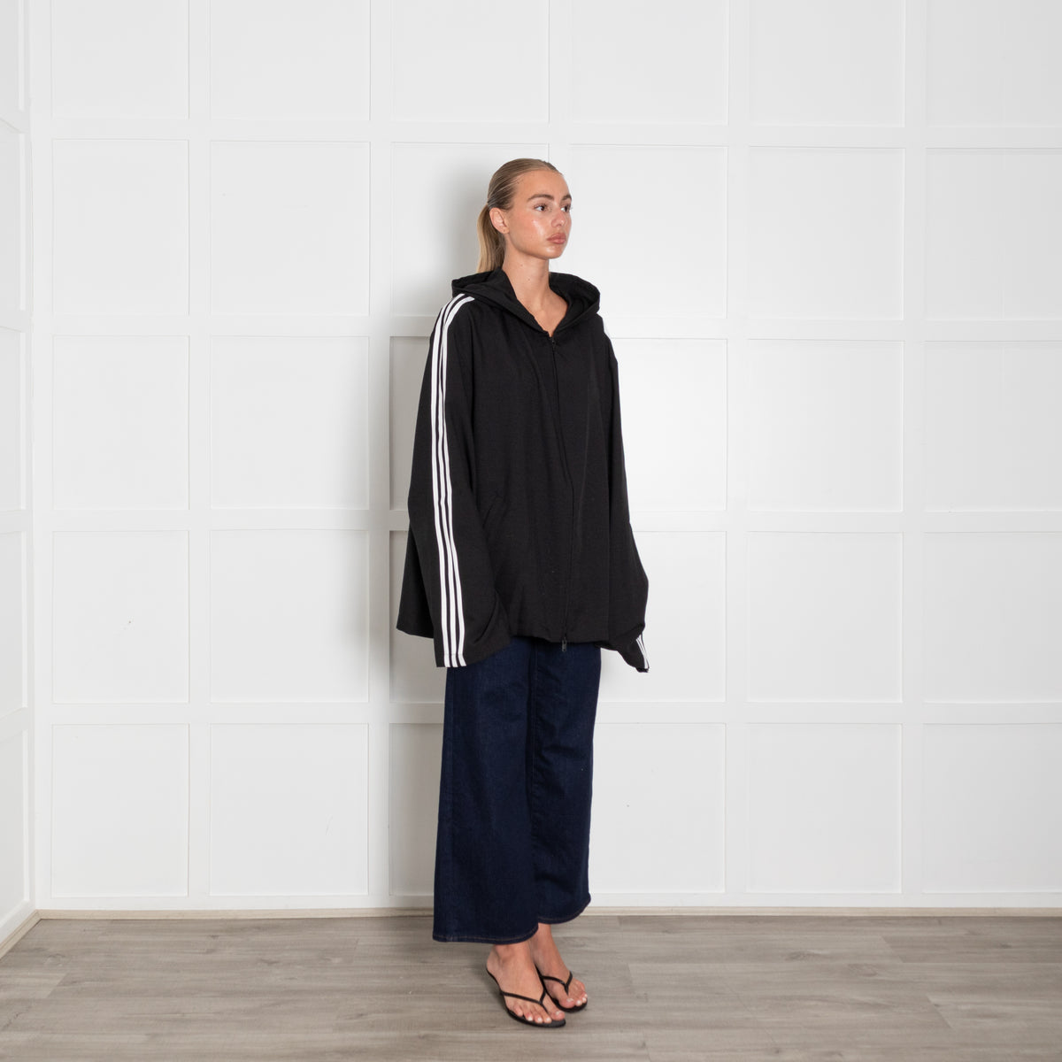 Y-3 Black Hooded Jacket With White Arm Stripes