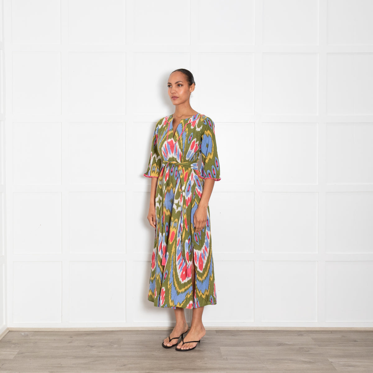 Lexy London Green Pink Ikat Pattern Cotton Kaftan With Belt