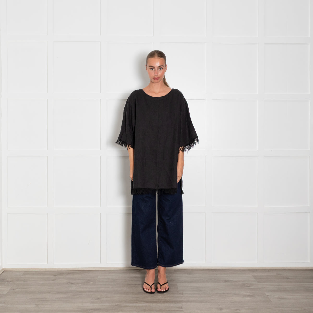 Fil De Vie Black Linen Top With Fringing