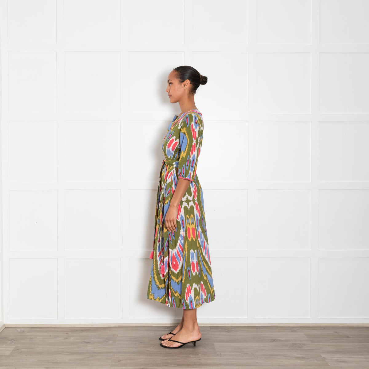 Lexy London Green Pink Ikat Pattern Cotton Kaftan With Belt