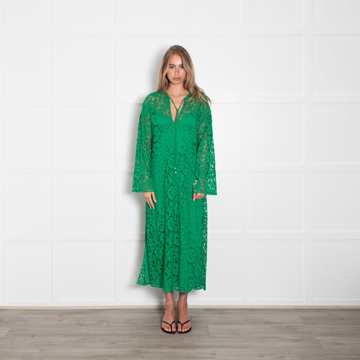 Valentino Green Tie Front Giupure Lace Dress