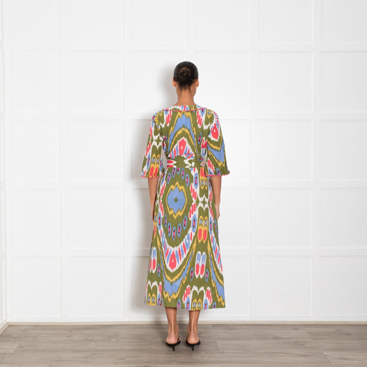 Lexy London Green Pink Ikat Pattern Cotton Kaftan With Belt