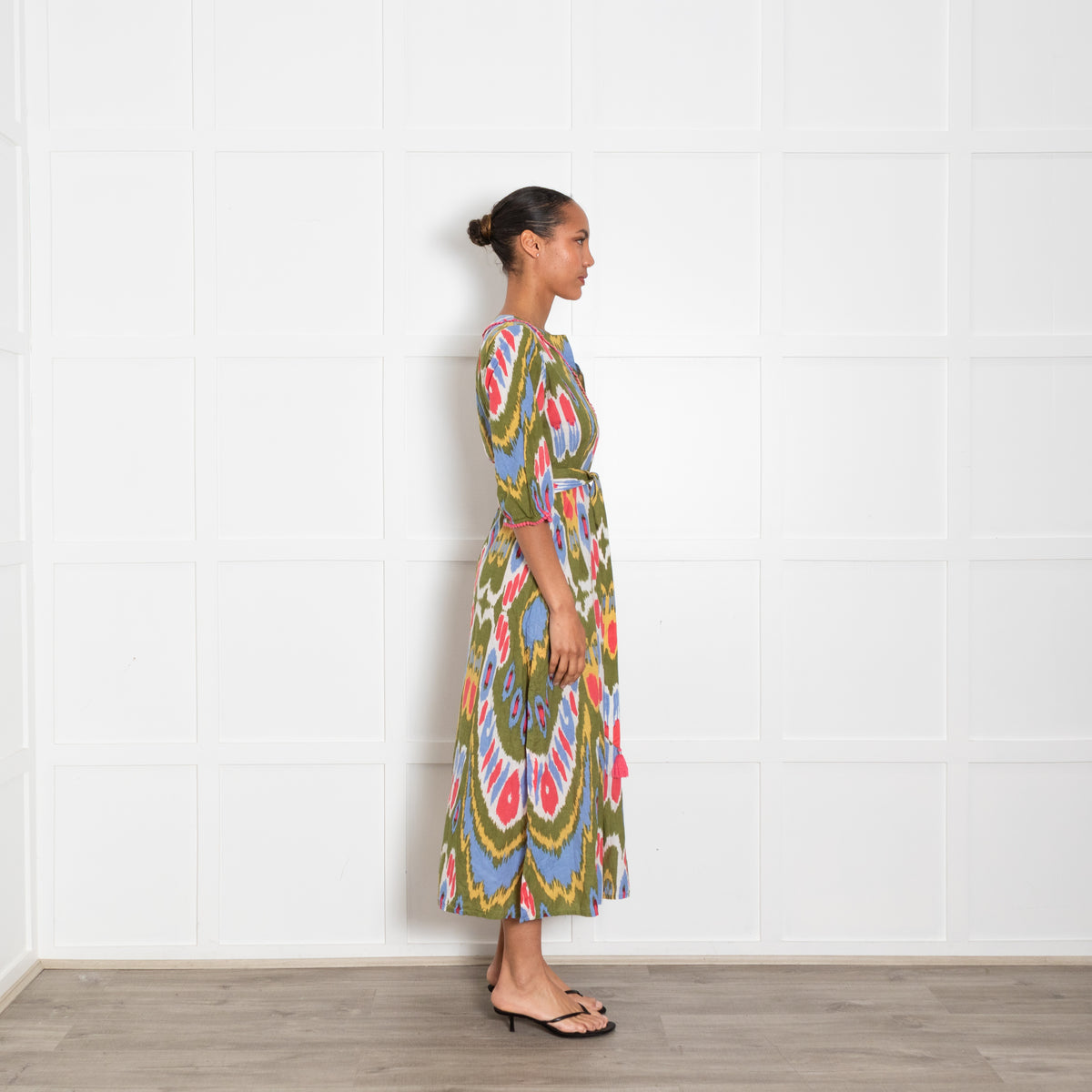 Lexy London Green Pink Ikat Pattern Cotton Kaftan With Belt