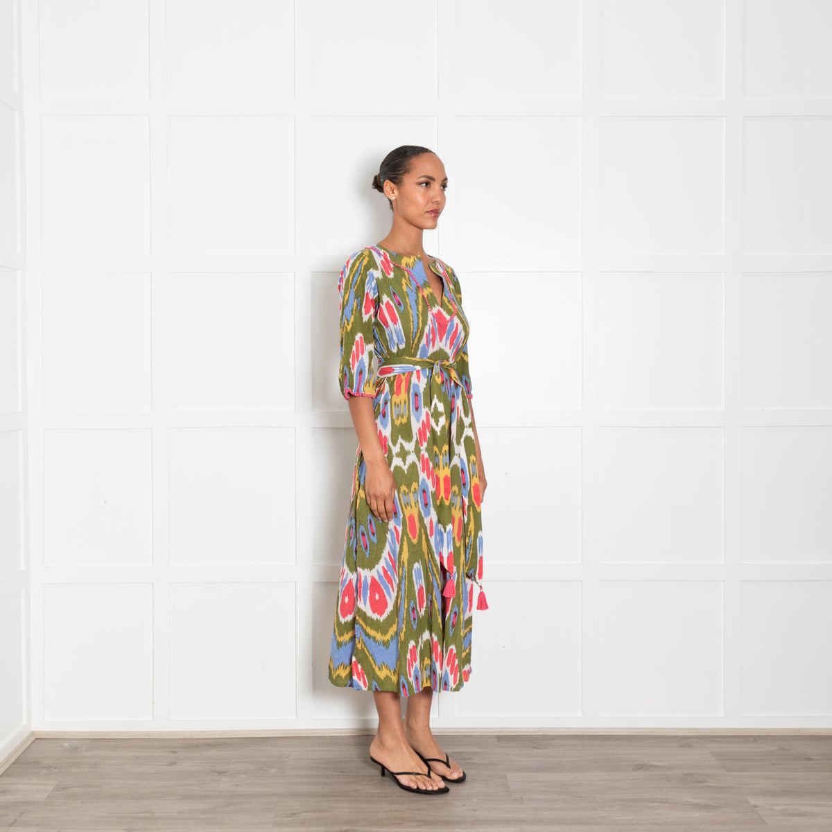 Lexy London Green Pink Ikat Pattern Cotton Kaftan With Belt