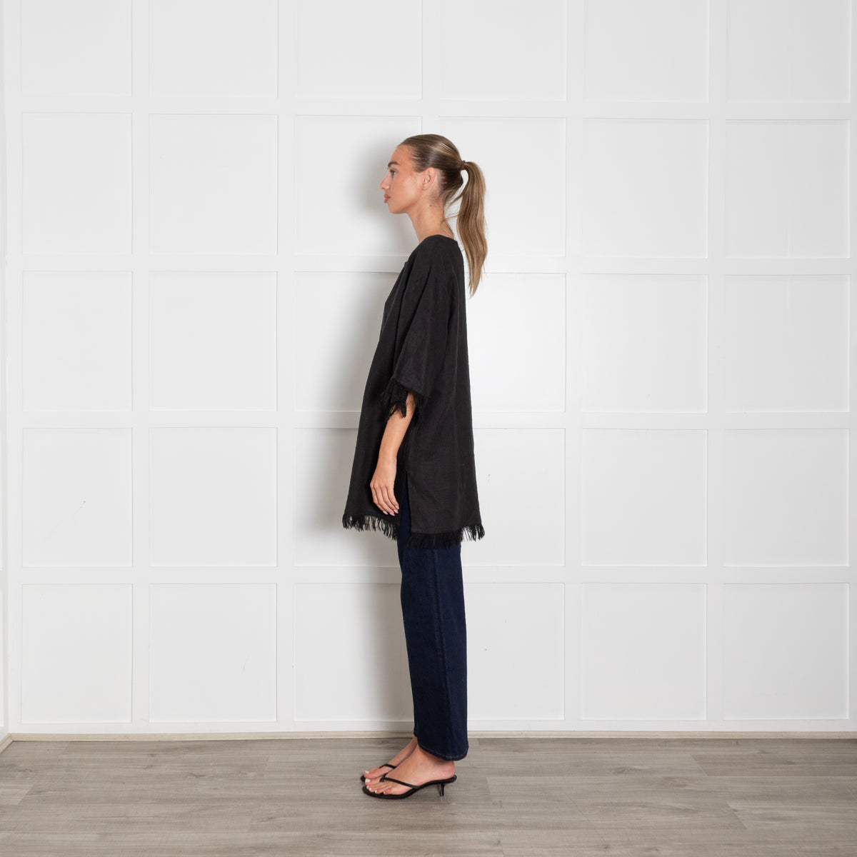 Fil De Vie Black Linen Top With Fringing