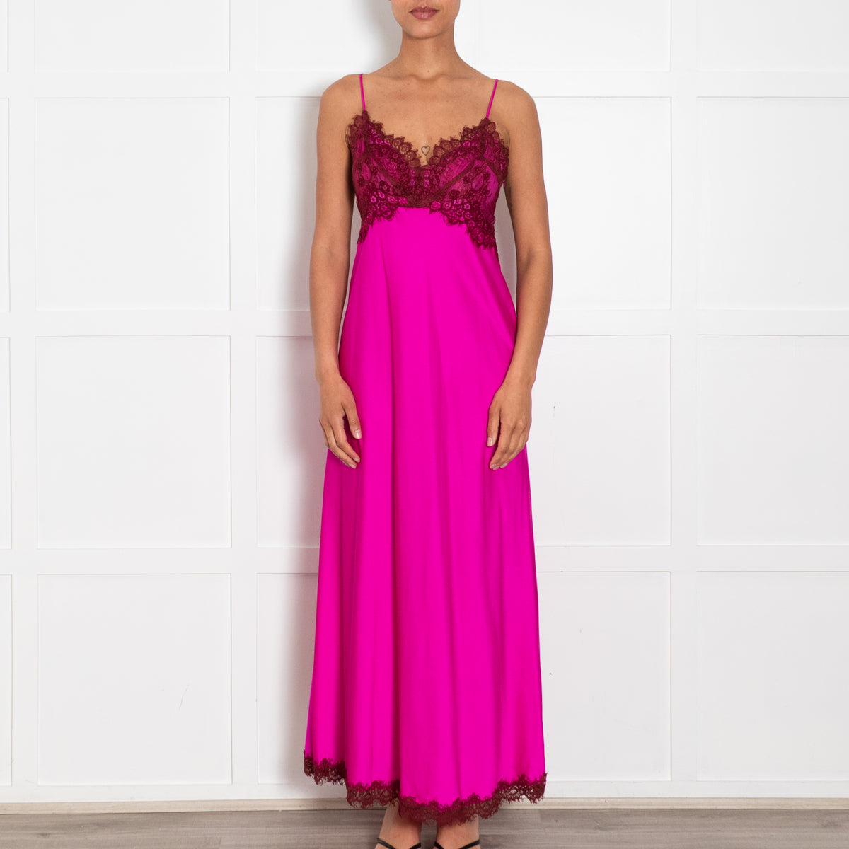 LoveShackFancy Fuchsia Lace Trim Sleeveless Long Dress