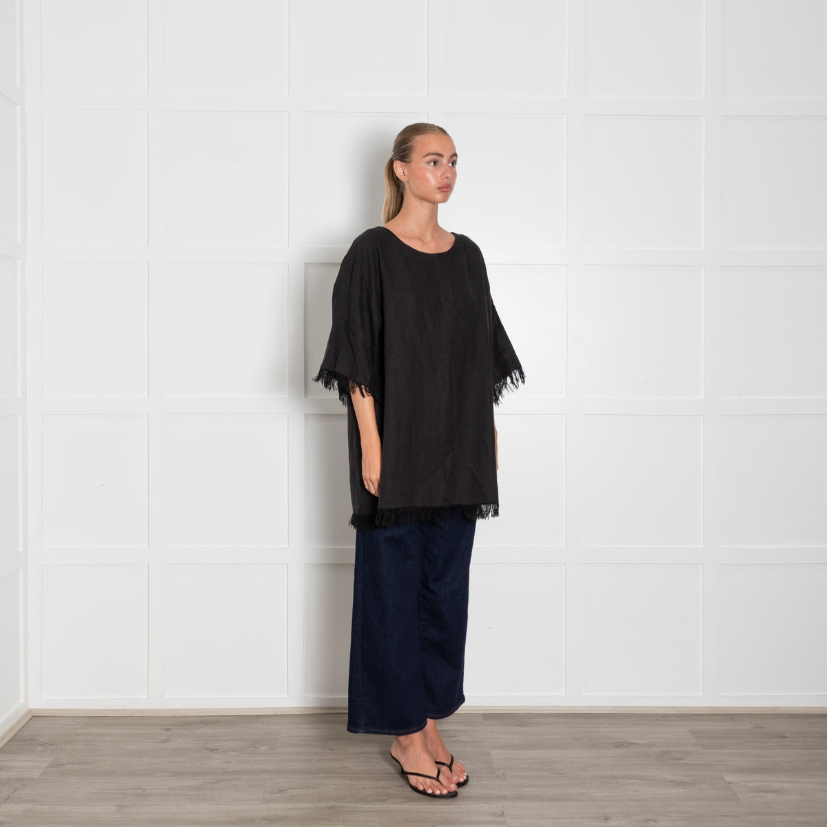 Fil De Vie Black Linen Top With Fringing