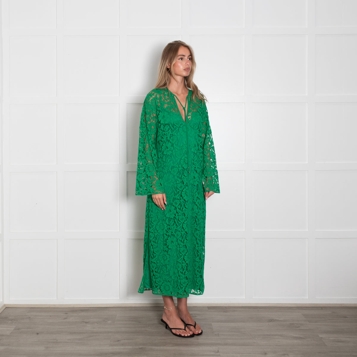Valentino Green Tie Front Giupure Lace Dress