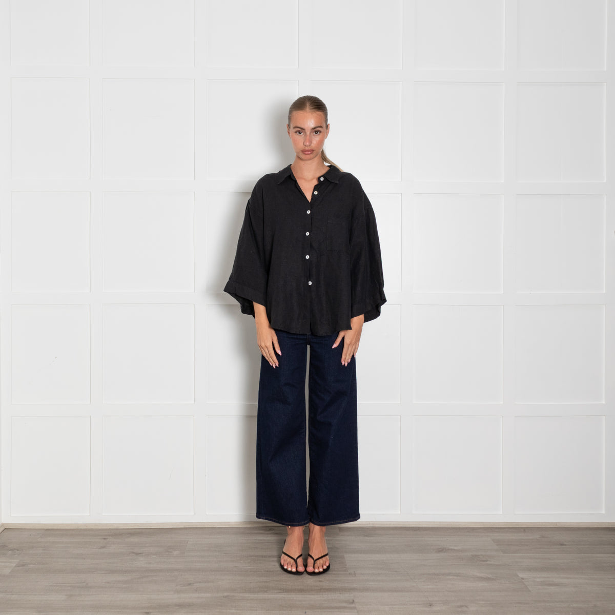 Deiji Studios Black Linen Short Sleeve Shirt