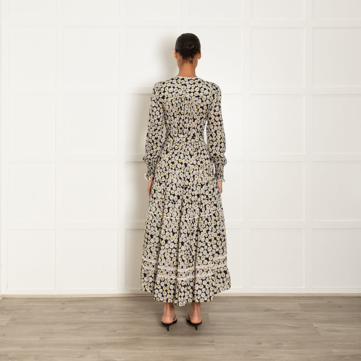 Me + Em Black White Yellow Daisy Print Belted Long Sleeve Maxi Dress