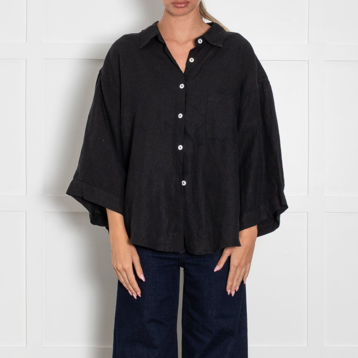 Deiji Studios Black Linen Short Sleeve Shirt