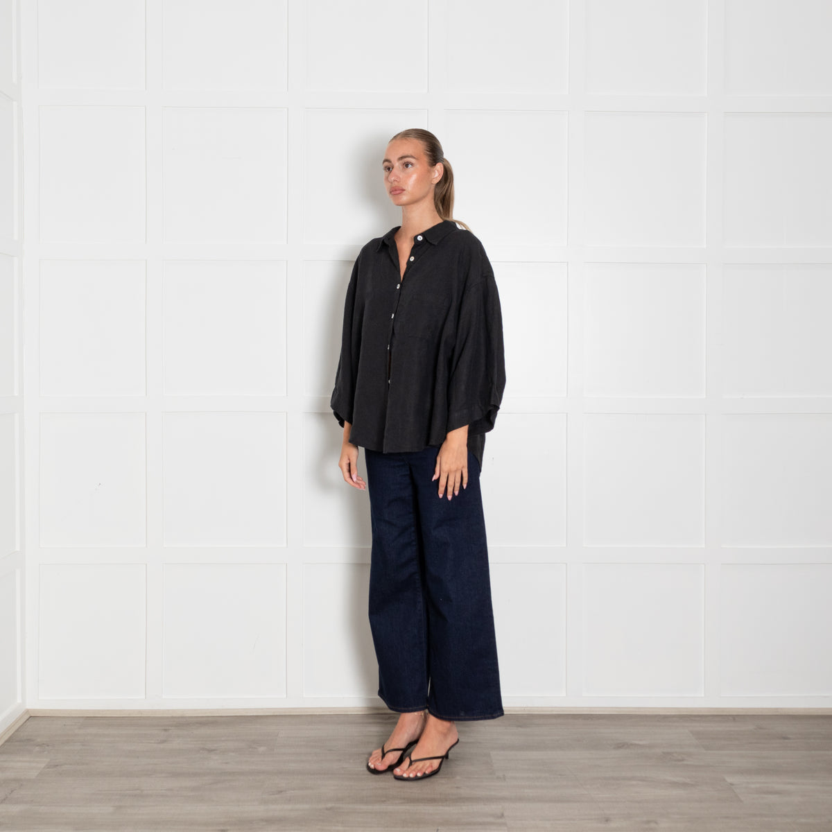 Deiji Studios Black Linen Short Sleeve Shirt