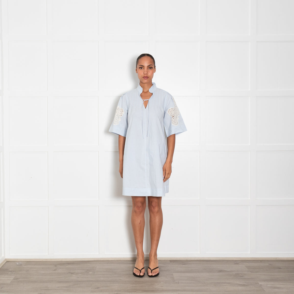 MIH Blue Striped Cotton Lace Detail Short Sleeve Dress