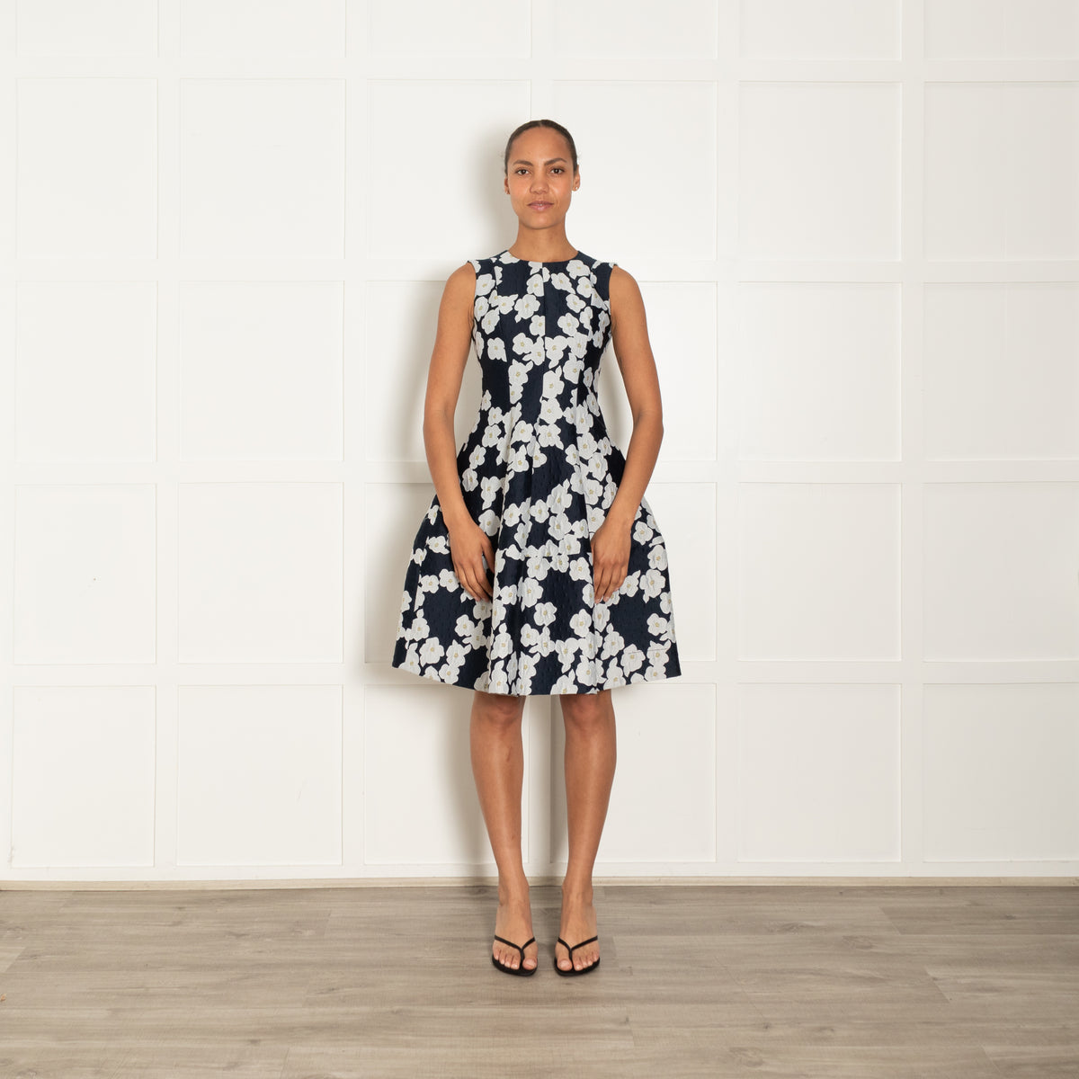 CH Carolina Herrera Navy Blue Grey Yellow Jacquard Flower Print Fit & Flare Dress