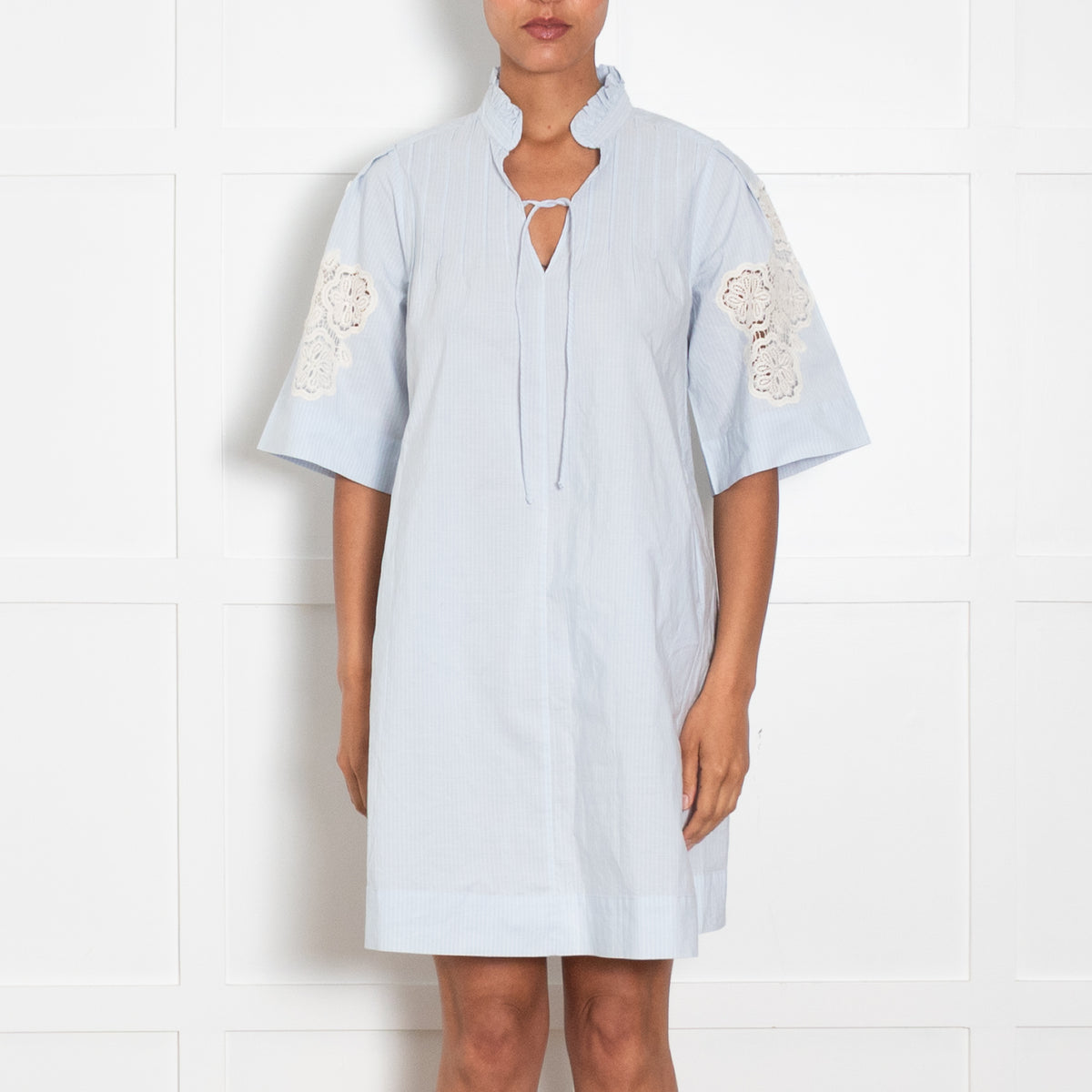 MIH Blue Striped Cotton Lace Detail Short Sleeve Dress