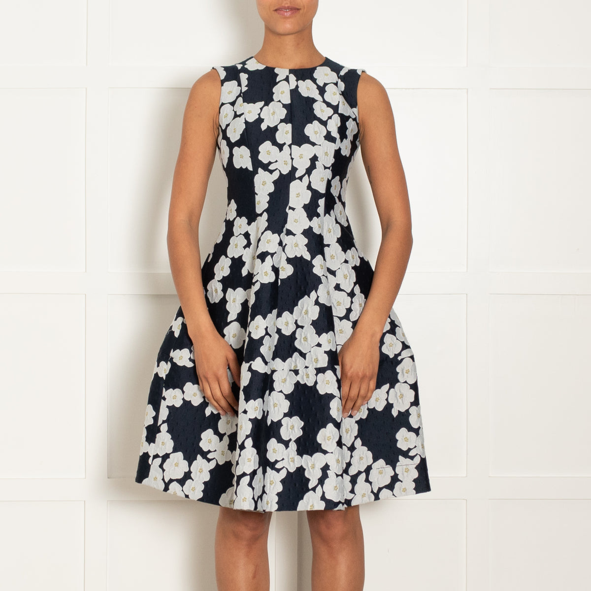 CH Carolina Herrera Navy Blue Grey Yellow Jacquard Flower Print Fit & Flare Dress