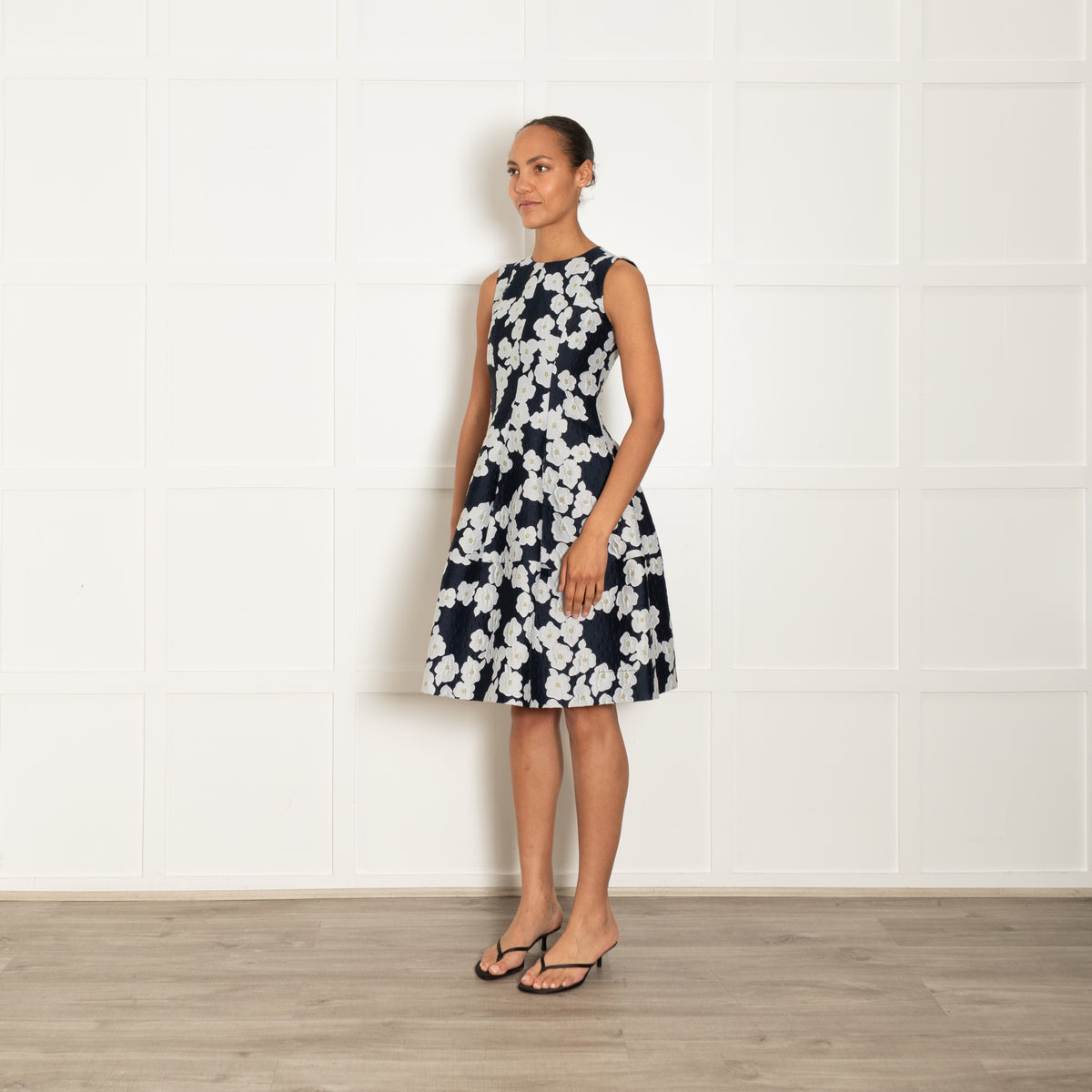 CH Carolina Herrera Navy Blue Grey Yellow Jacquard Flower Print Fit & Flare Dress