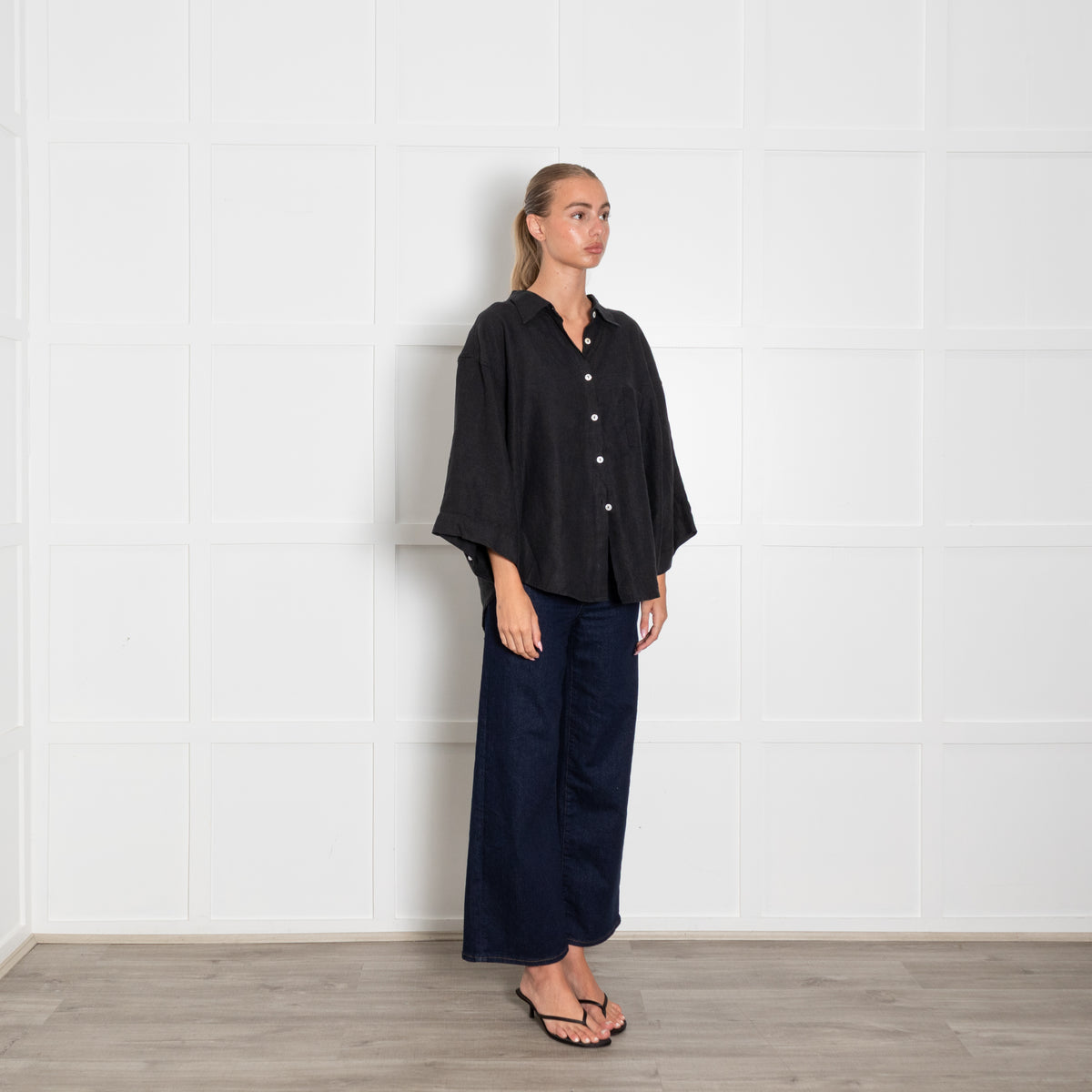 Deiji Studios Black Linen Short Sleeve Shirt