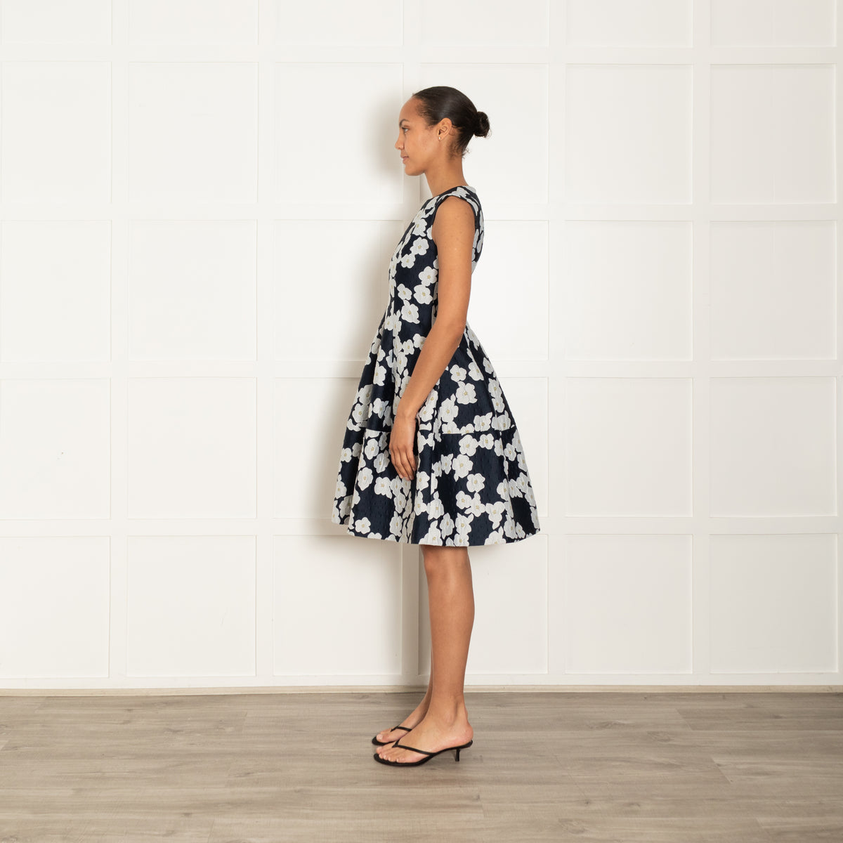 CH Carolina Herrera Navy Blue Grey Yellow Jacquard Flower Print Fit & Flare Dress