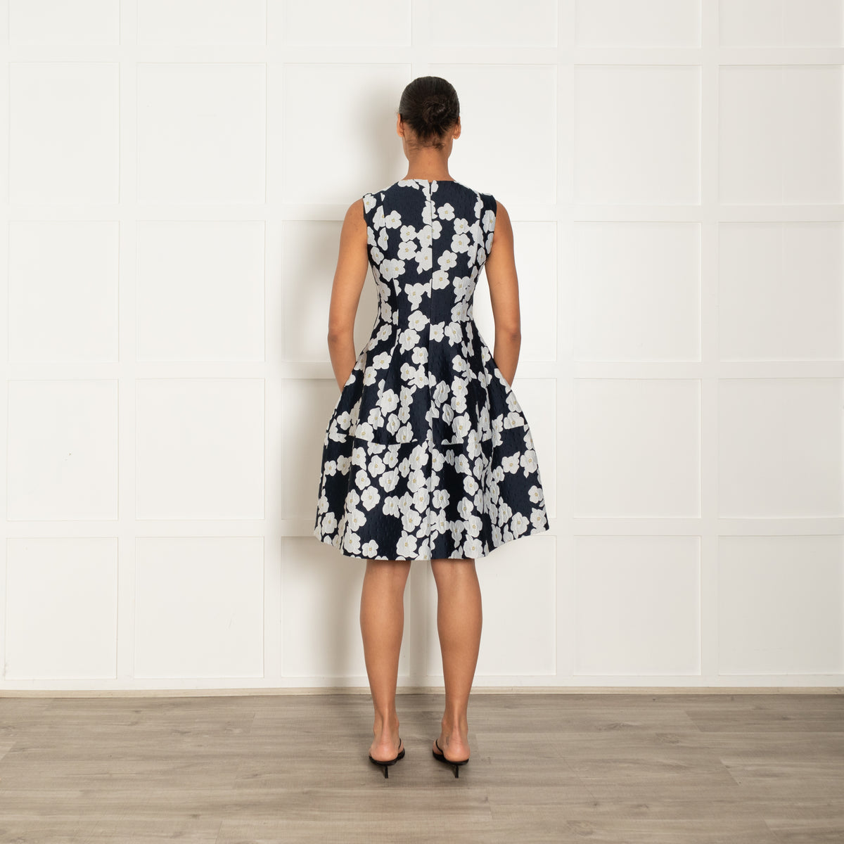 CH Carolina Herrera Navy Blue Grey Yellow Jacquard Flower Print Fit & Flare Dress