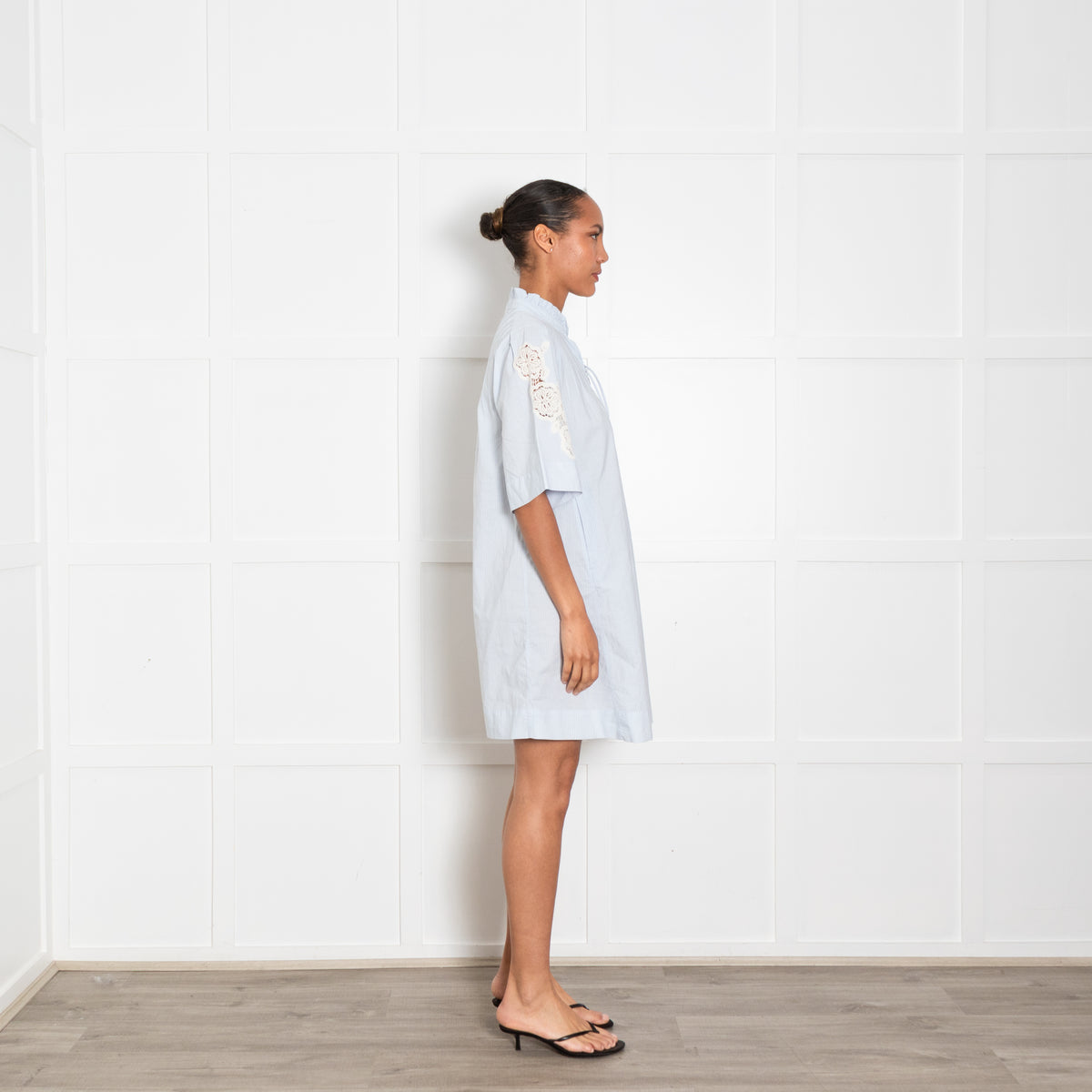 MIH Blue Striped Cotton Lace Detail Short Sleeve Dress
