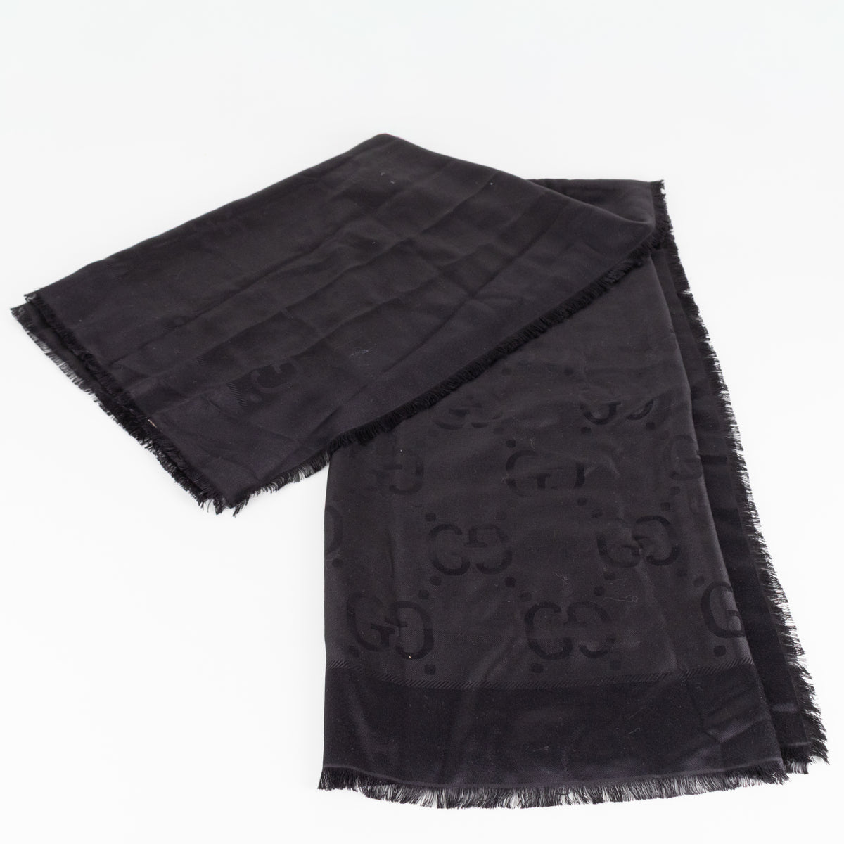 Gucci Black Logo Large Square Silk Scarf With Fringe