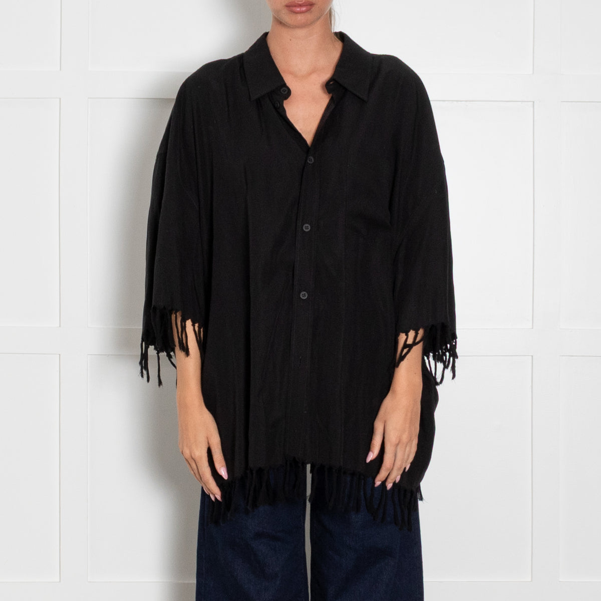 Balenciaga Black Oversized Short Sleeve Shirt With Fringe
