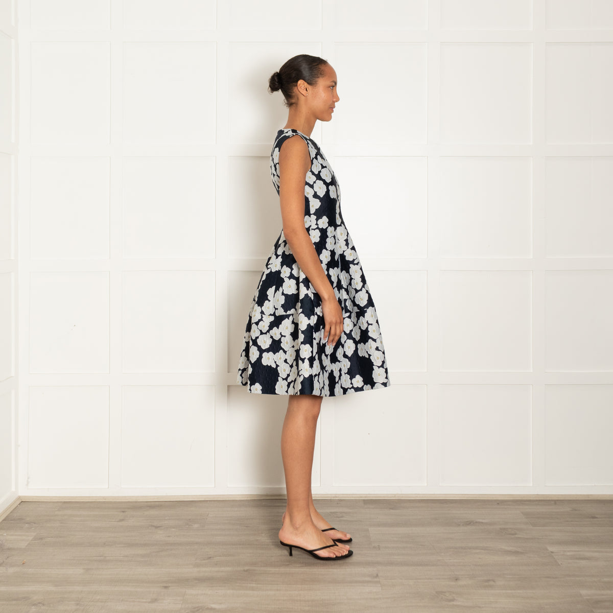 CH Carolina Herrera Navy Blue Grey Yellow Jacquard Flower Print Fit & Flare Dress