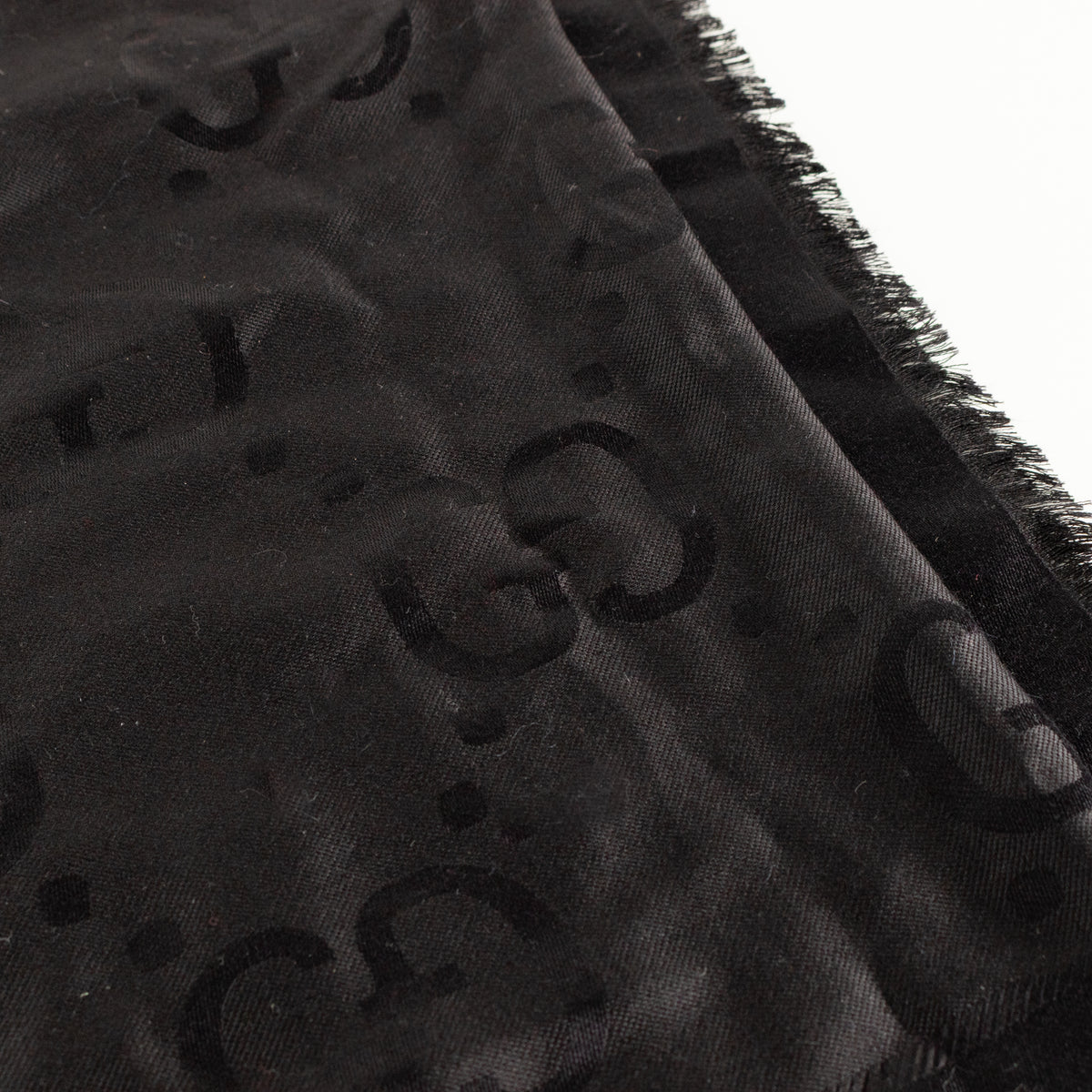 Gucci Black Logo Large Square Silk Scarf With Fringe