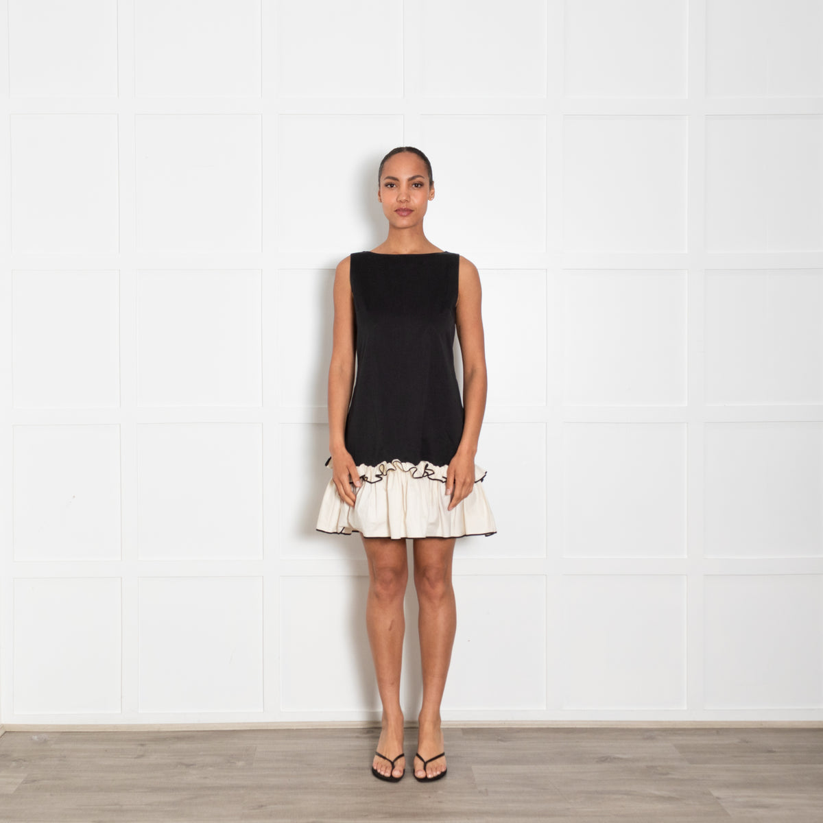 Huishan Zhang Black Cream Cotton Ruffle Hem Sleeveless Dress