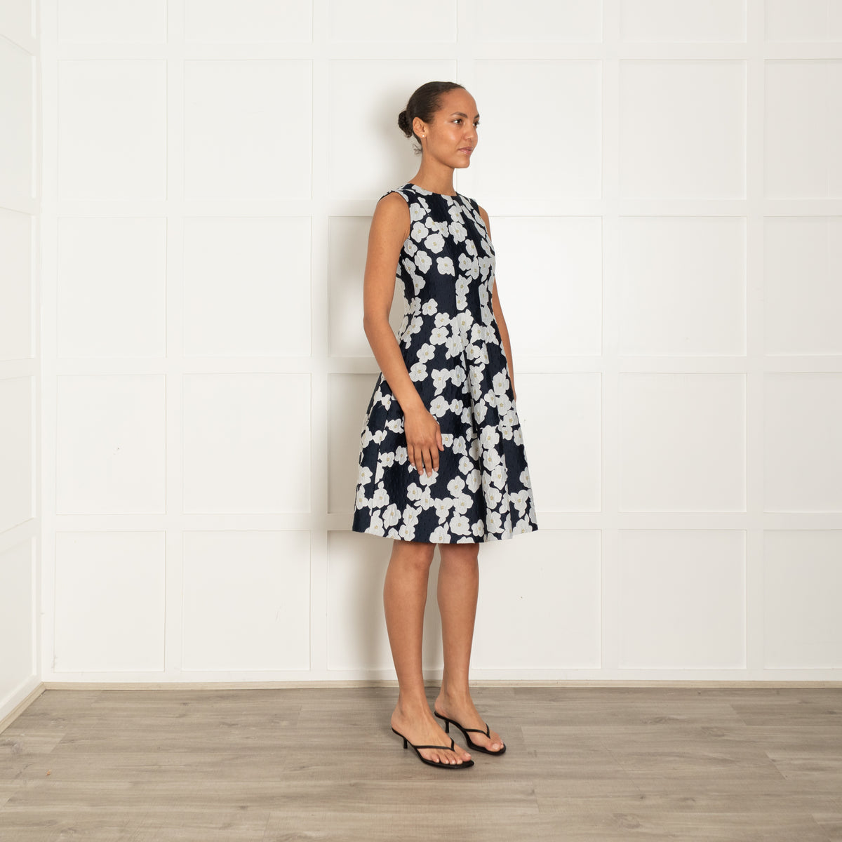 CH Carolina Herrera Navy Blue Grey Yellow Jacquard Flower Print Fit & Flare Dress
