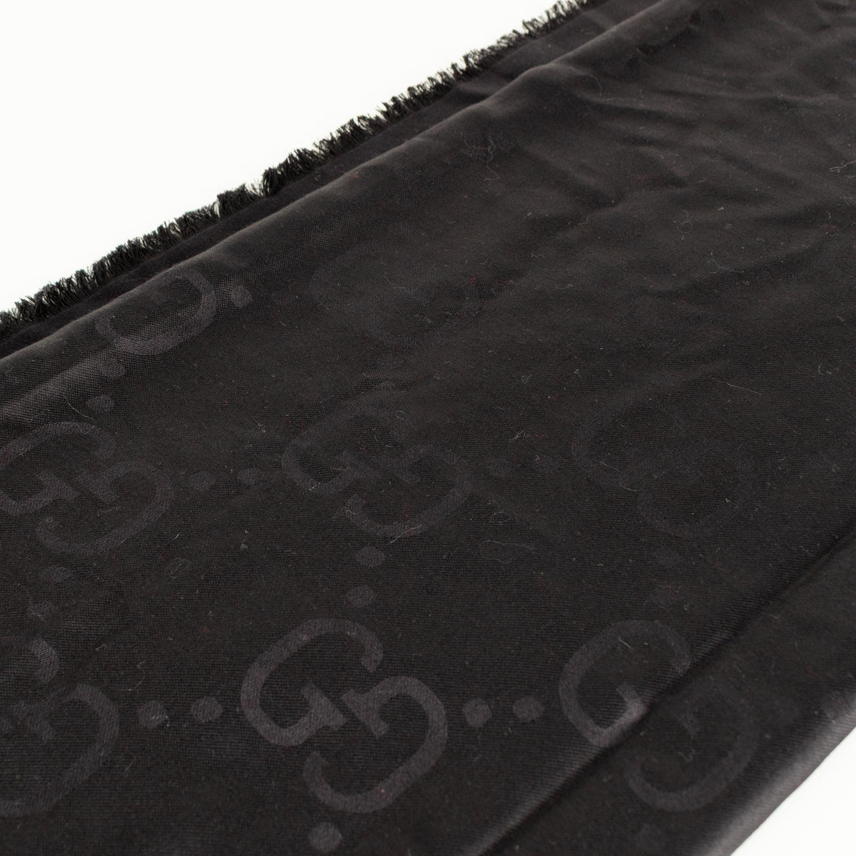Gucci Black Logo Large Square Silk Scarf With Fringe
