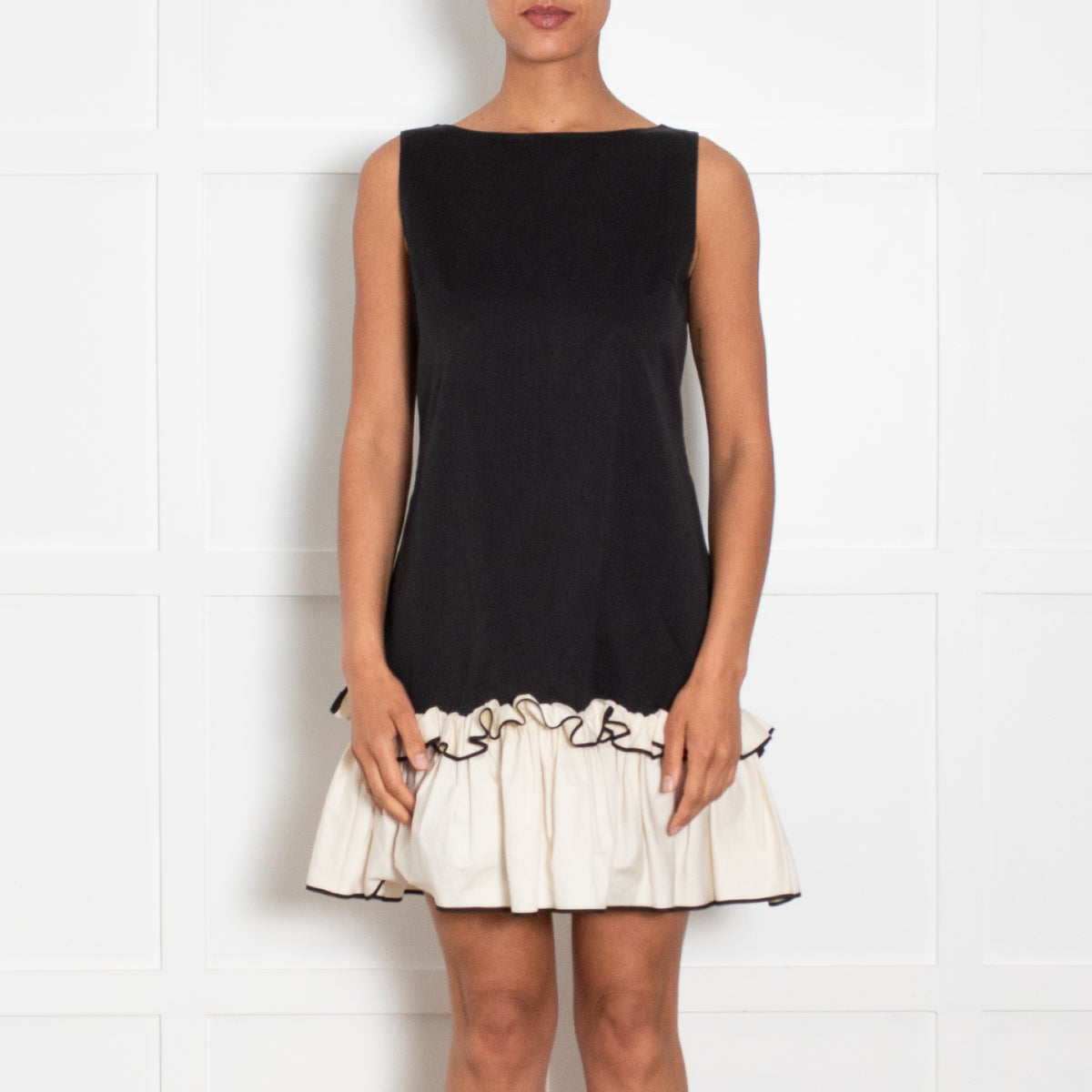 Huishan Zhang Black Cream Cotton Ruffle Hem Sleeveless Dress