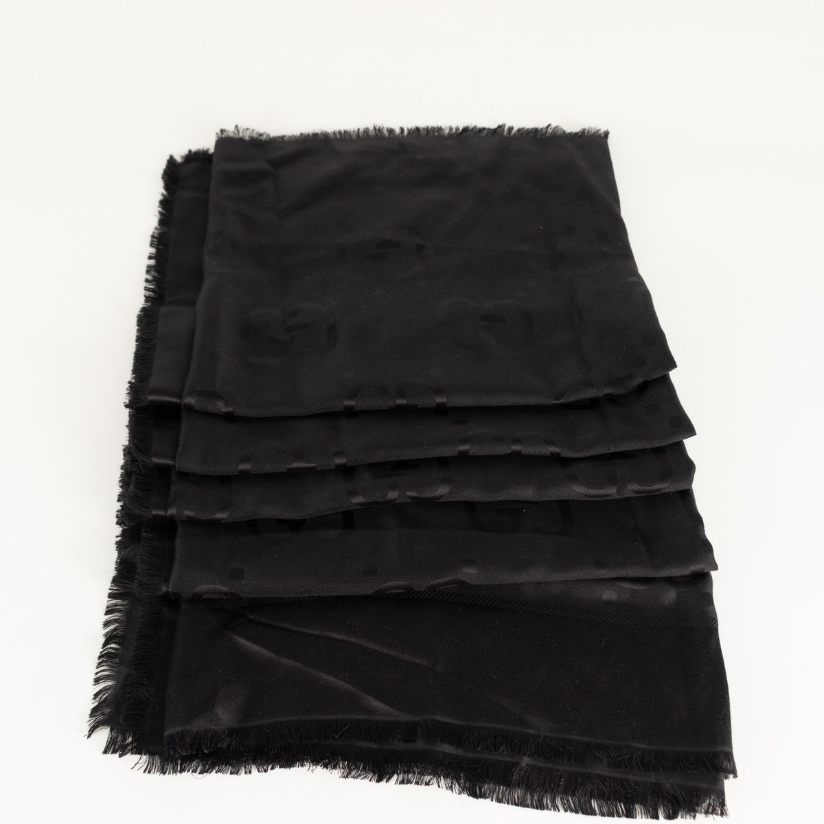 Gucci Black Logo Large Square Silk Scarf With Fringe