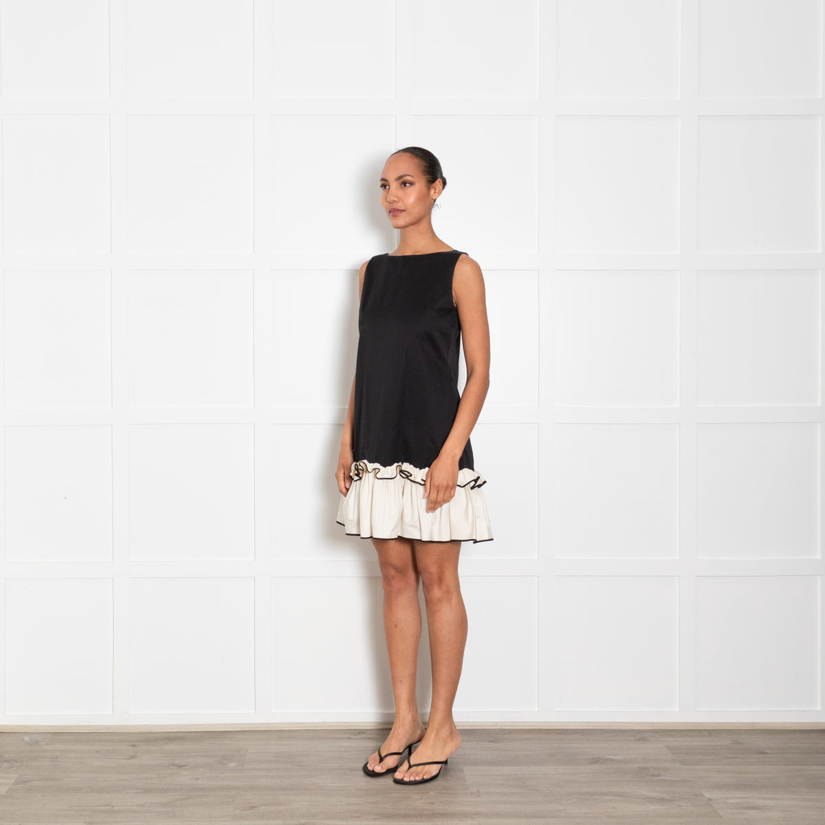 Huishan Zhang Black Cream Cotton Ruffle Hem Sleeveless Dress