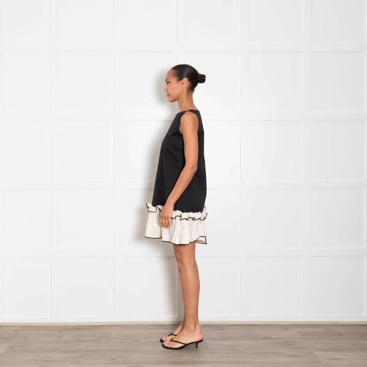 Huishan Zhang Black Cream Cotton Ruffle Hem Sleeveless Dress